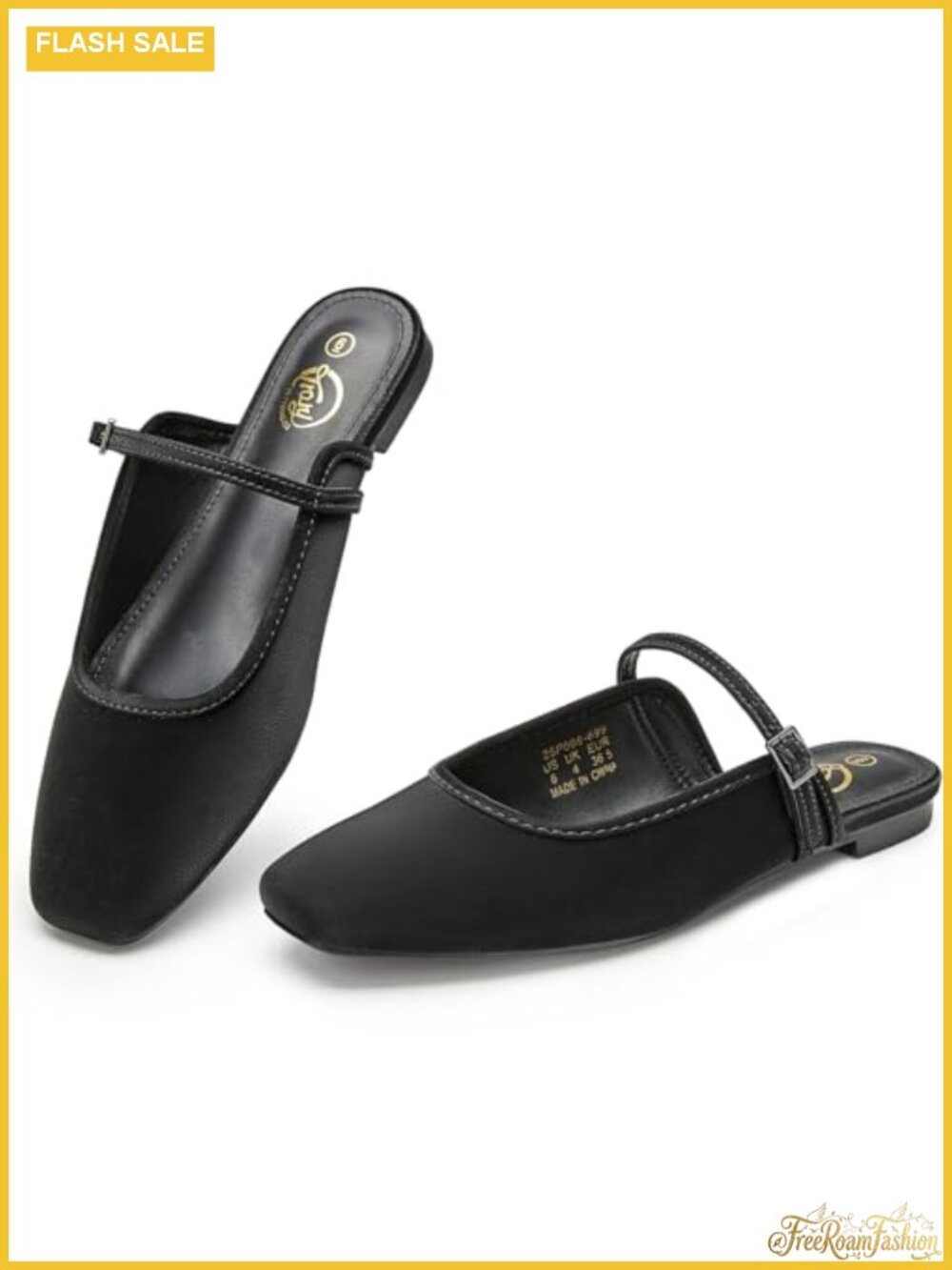 Mary Jane Mule Flats Square Toe Slip On Adjustable Strap Women Shoes